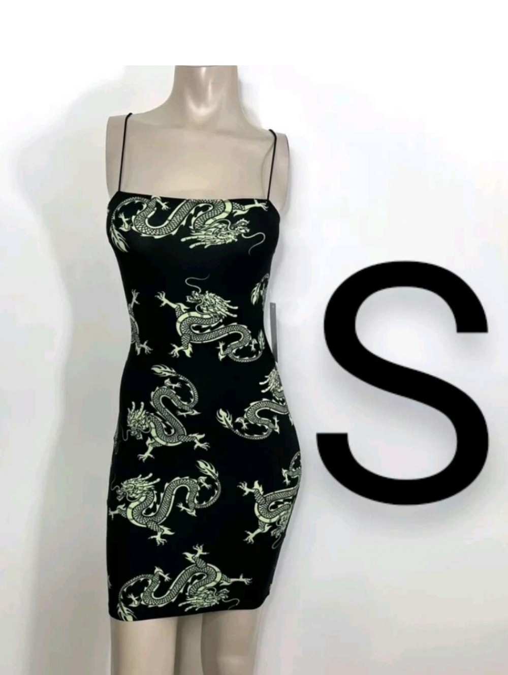 🆕Black & Lime Green Dragon Print Mini Bodycon Dress~ SIZE S